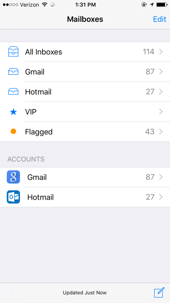 email accounts in iPhone