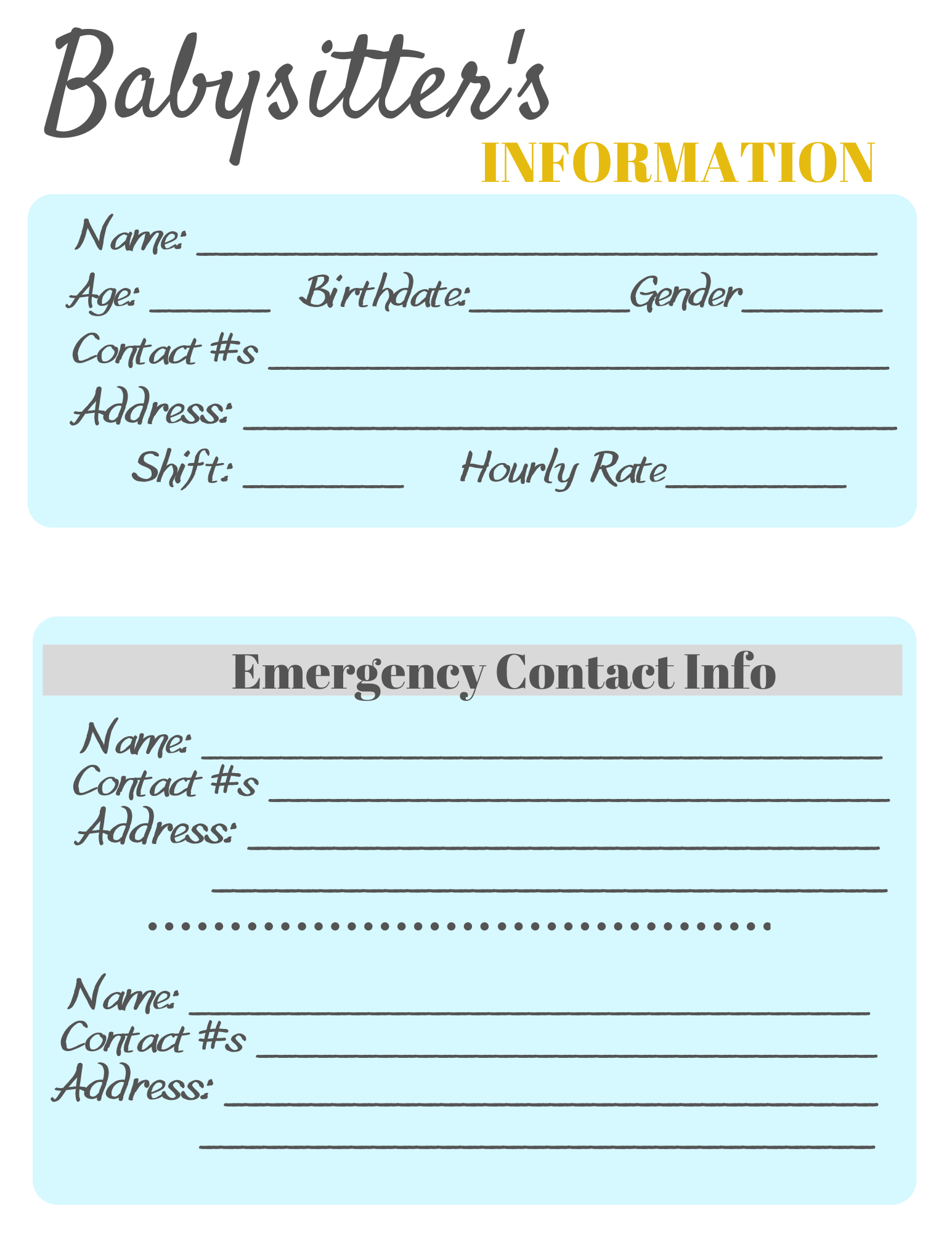 Printable Babysitter Information Sheets Long Wait For Isabella